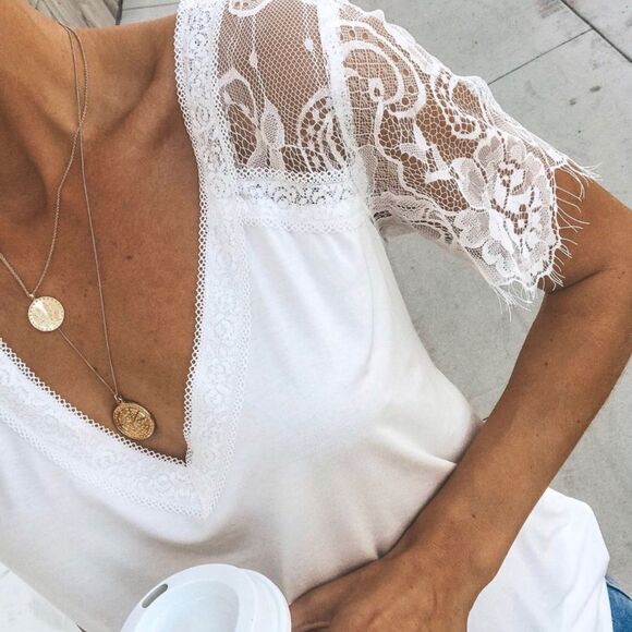 𝅺pol Ivory Lace  Scallop Sleeve V-Neck Knit Top - Picture 16 of 16